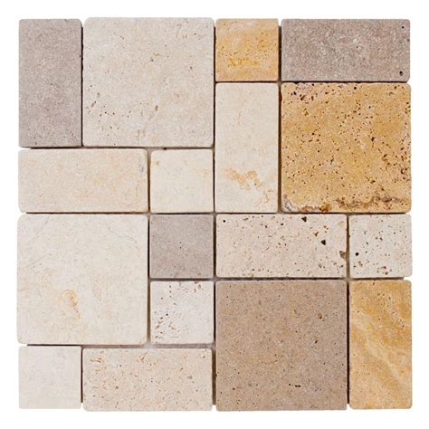 The honed natural stone mosaic features earth toned tan squares with just the right amount of color variation to create an impressive installation. . Jeffrey court tile